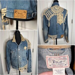 vintage 80s ralph lauren denim jacket corduroy collar crochet fringe applique
